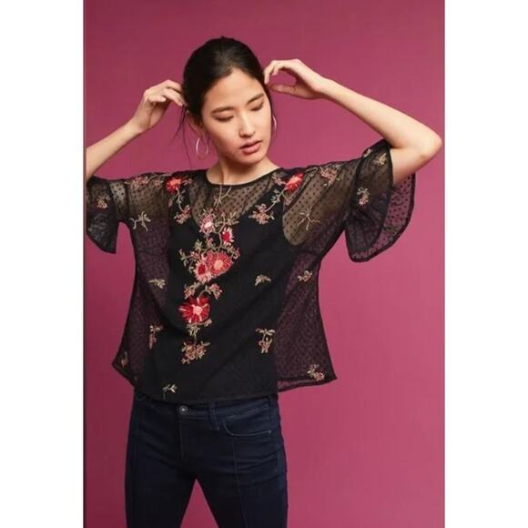 Maeve Embroidered Cadiz Sheer Floral Short Sleeve Top Size Small Black - Picture 1 of 8